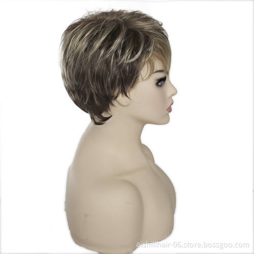Wholesale heat resistant stort straight ombre dark brown to golden wig synthetic hair wigs for women